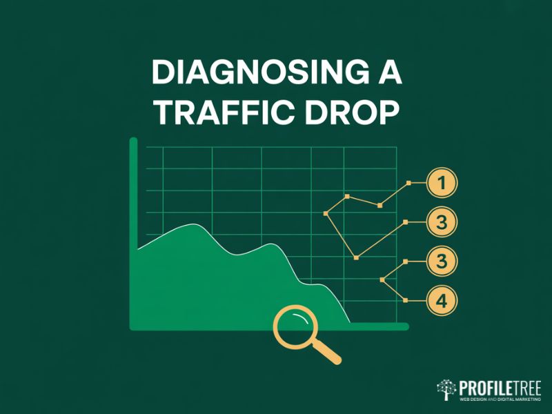 Flat vector chart showing a traffic drop diagnostic process for a Google's Algorithm Update