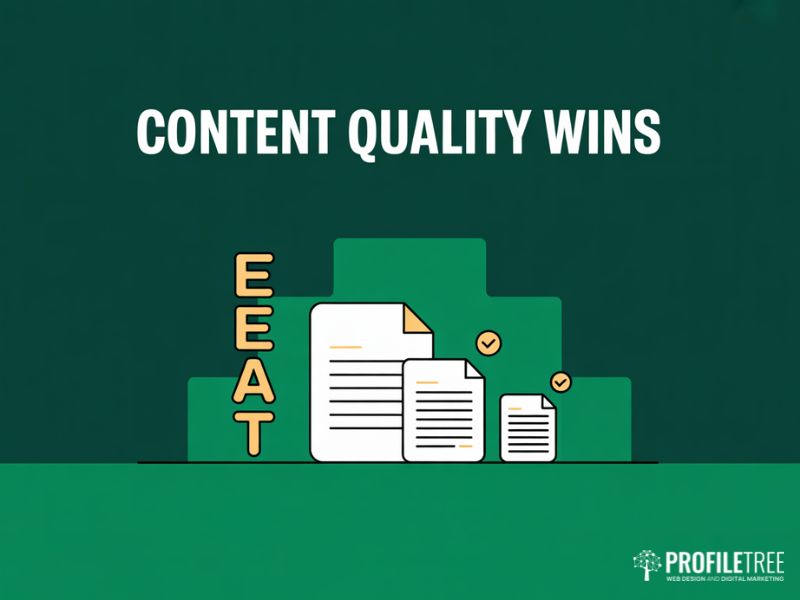 Flat illustration of content quality and E-E-A-T signals after a Google's Algorithm Update