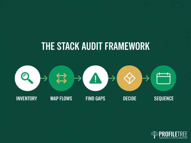 Five-step process flow showing how to audit MarTech Strategies before adding new tools