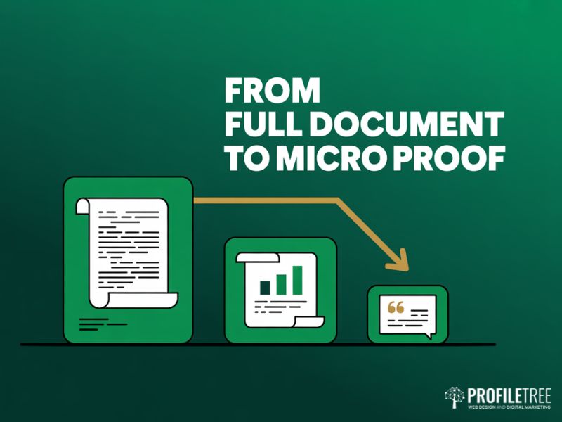 Flat vector graphic showing the micro proof approach to leveraging case studies in sales conversations