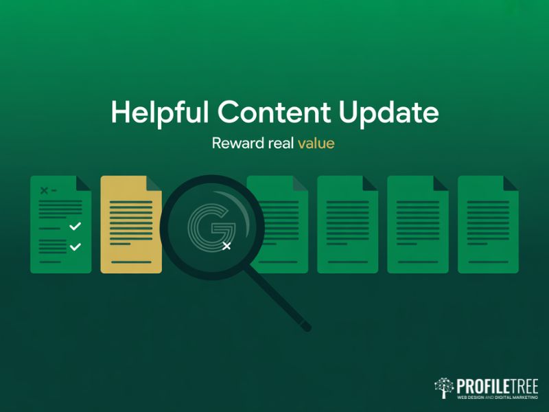 Flat vector graphic showing Google evaluating content quality under the Helpful Content Update and modern SEO Tactics