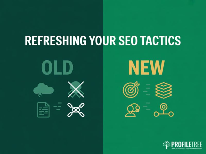 Side by side flat vector graphic comparing outdated approaches with modern SEO Tactics built around user intent