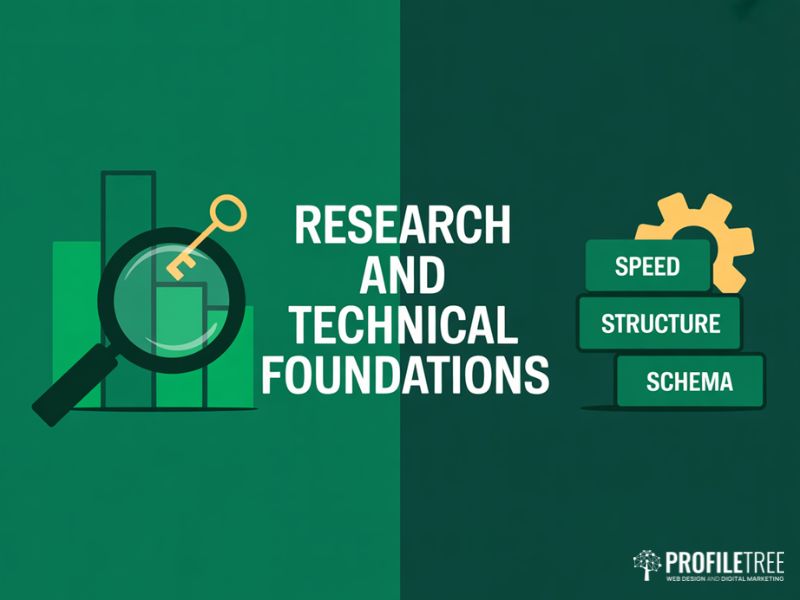 Two part flat vector graphic showing keyword research and technical pillars underpinning effective SEO Tactics