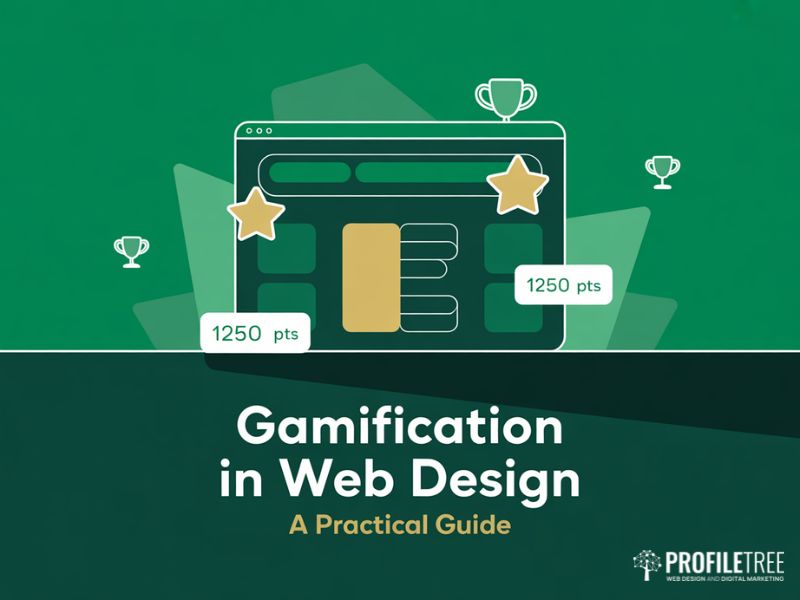 Hero illustration showing browser window with badges, points and progress bar representing gamification in web design