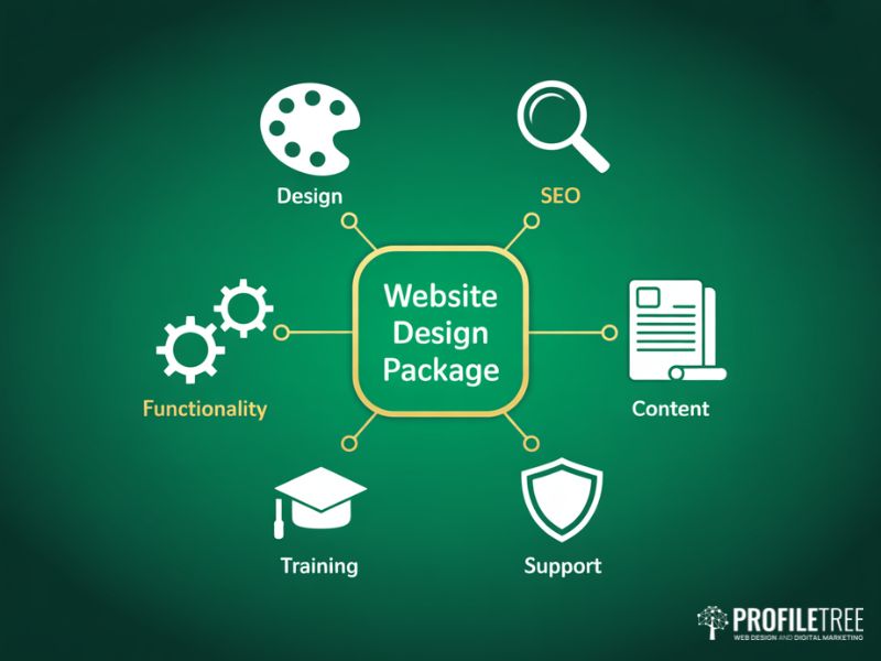 Diagram showing the six core components of a Website Design Package including design SEO functionality content training and support
