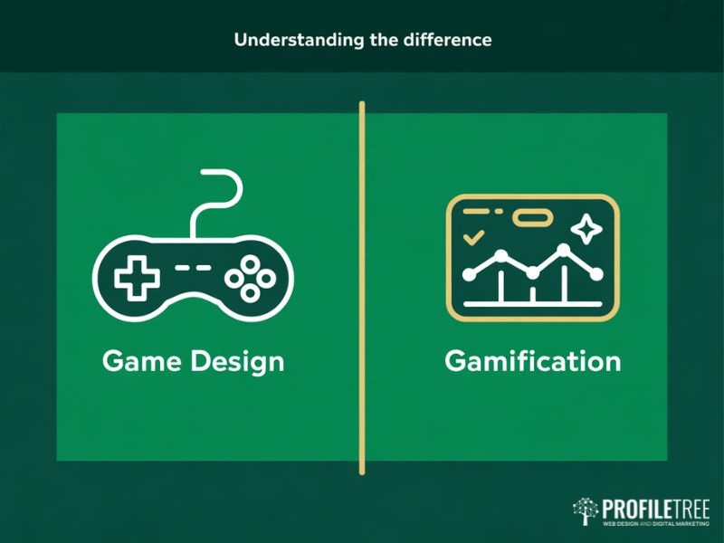 Flat vector graphic comparing game design and gamification in web design as two distinct disciplines