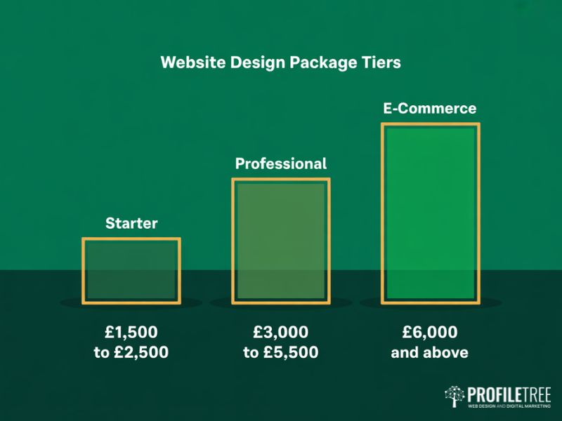 Three tier comparison chart showing Starter Professional and E-commerce Website Design Package pricing bands on a deep green background