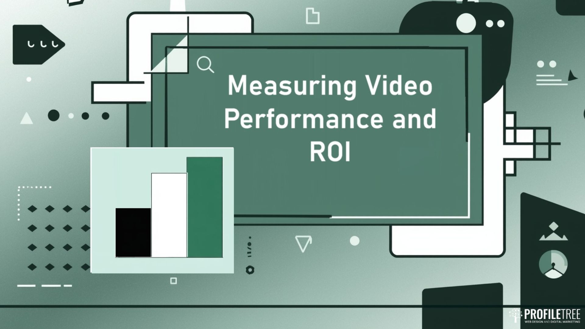 A graphic slide with the title Measuring Video Performance and ROI displayed on a large screen, featuring abstract shapes and a bar chart illustration. The logo PROFILTREE appears in the bottom right, highlighting effective Video Content Integration.