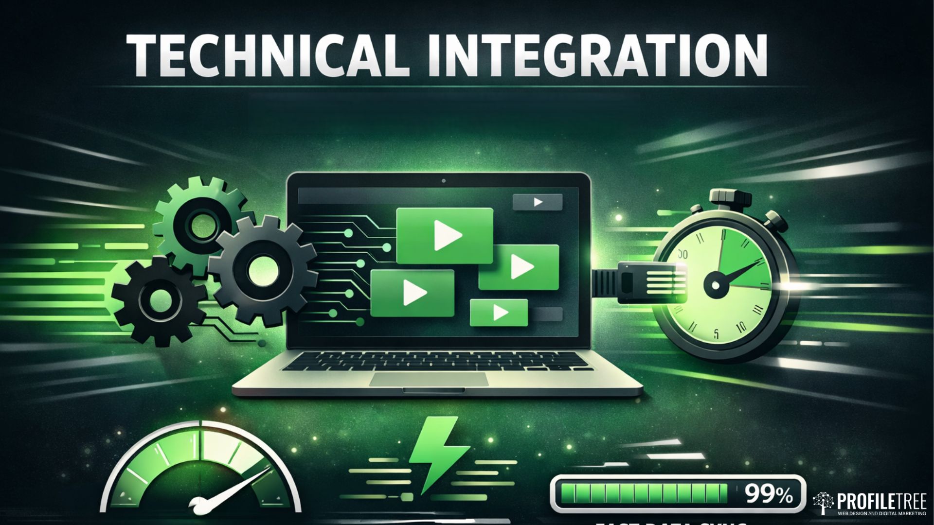 A laptop displays green play buttons and gears, symbolising video content integration. Nearby are a stopwatch, a speedometer, a lightning bolt, and a progress bar at 99%, all set against a dark green background for powerful SEO impact.