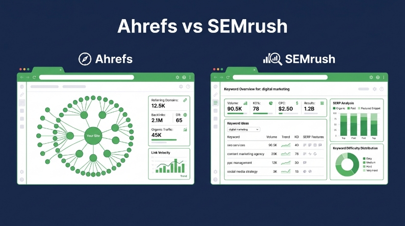 Comparison image illustrating Ahrefs vs. SEMrush dashboards side by side, each showcasing key SEO metrics like referring domains, backlinks, traffic, keyword ideas, SERP analysis, and keyword overview data.