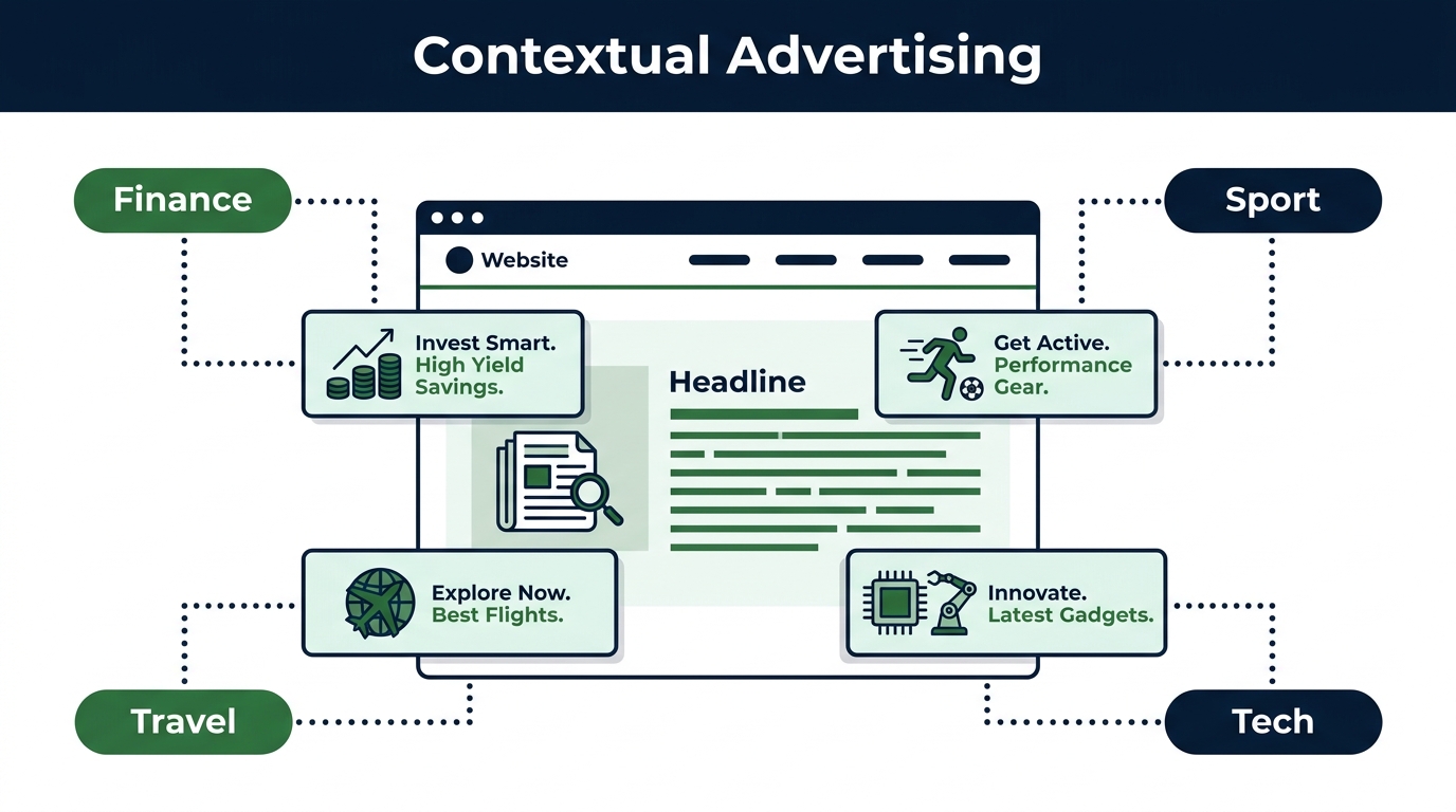 Diagram illustrating contextual advertising: A website interface with advert boxes for finance, sport, travel, and tech—each showing targeted messages—demonstrates how contextual advertising connects relevant adverts to the main site content.