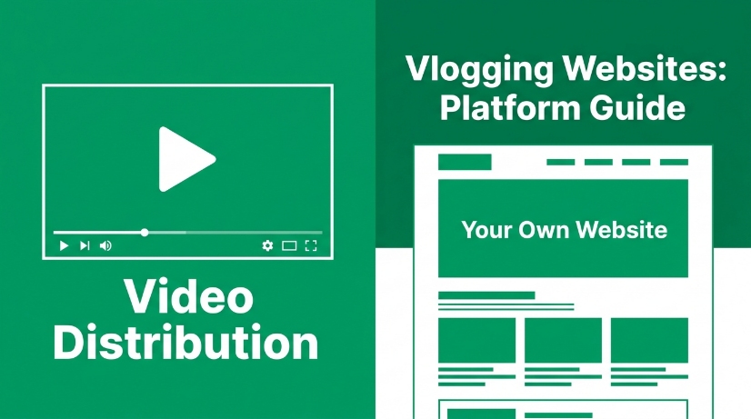 Split green and white graphic: left side features a video player icon with "Video Distribution"; right side highlights a WordPress website layout with "Your Own Website" and the title "Vlogging Websites: Platform Guide," perfect for boosting SEO.