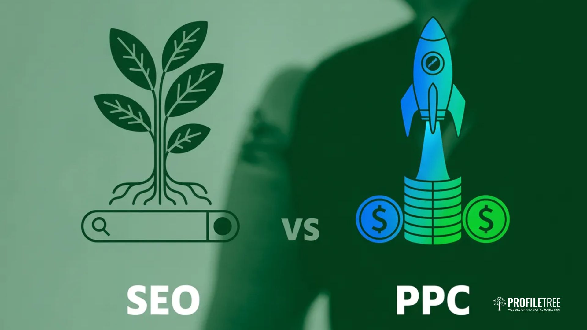 Illustration comparing SEO vs PPC: A plant with roots growing from a search bar represents SEO on the left, whilst a rocket rising from stacked coins and a pound symbol shows PPC on the right. “VS” stands boldly in the centre.