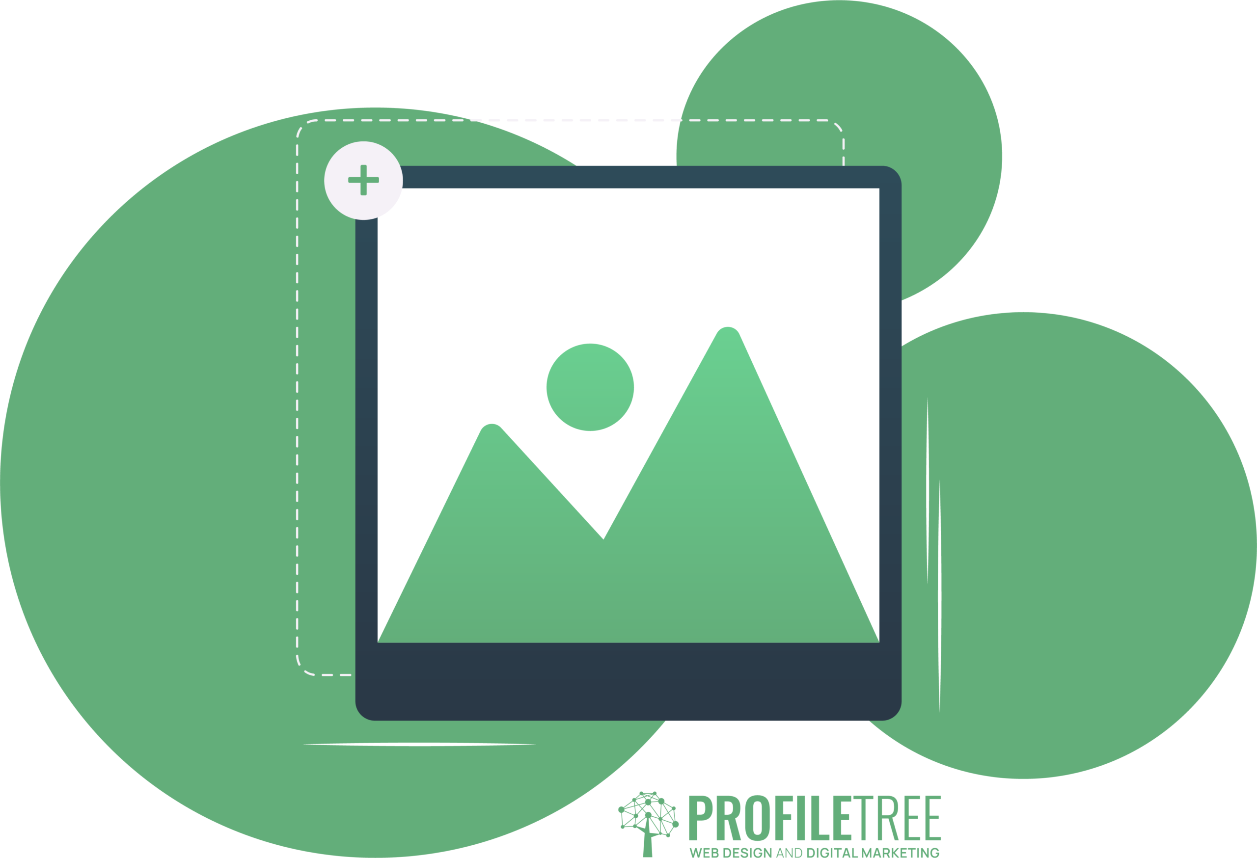 A stylized graphic of a generic photo icon with mountains and a sun, surrounded by overlapping green circles, features the PROFILETREE Web Design and Digital Marketing logo at the bottom, highlighting our innovative AI Image Enhancer solutions.