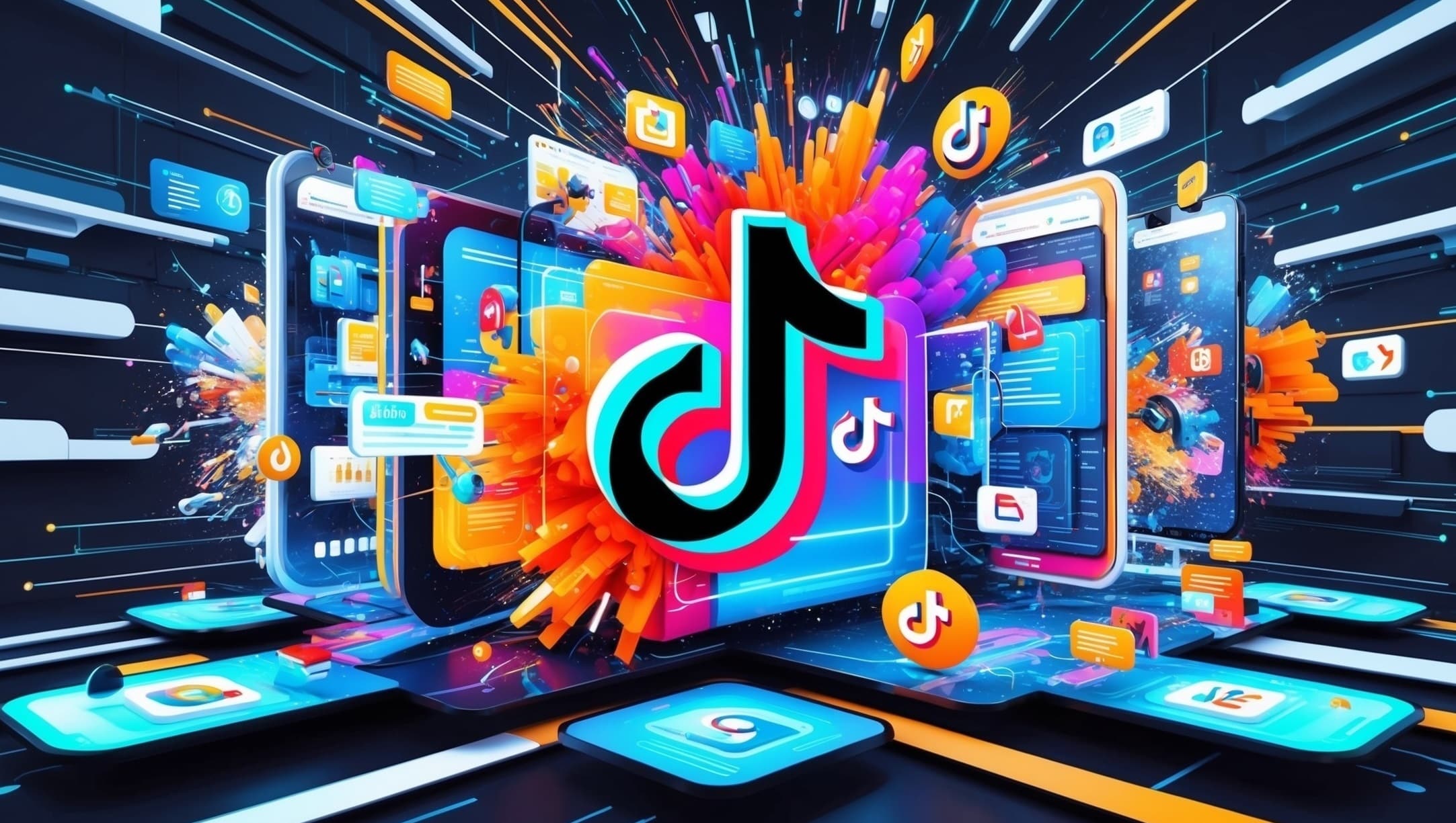 Digital collage featuring the TikTok app logo, encircled by diverse smartphones and geometric shapes, embodying dynamic digital activity and TikTok marketing connectivity.