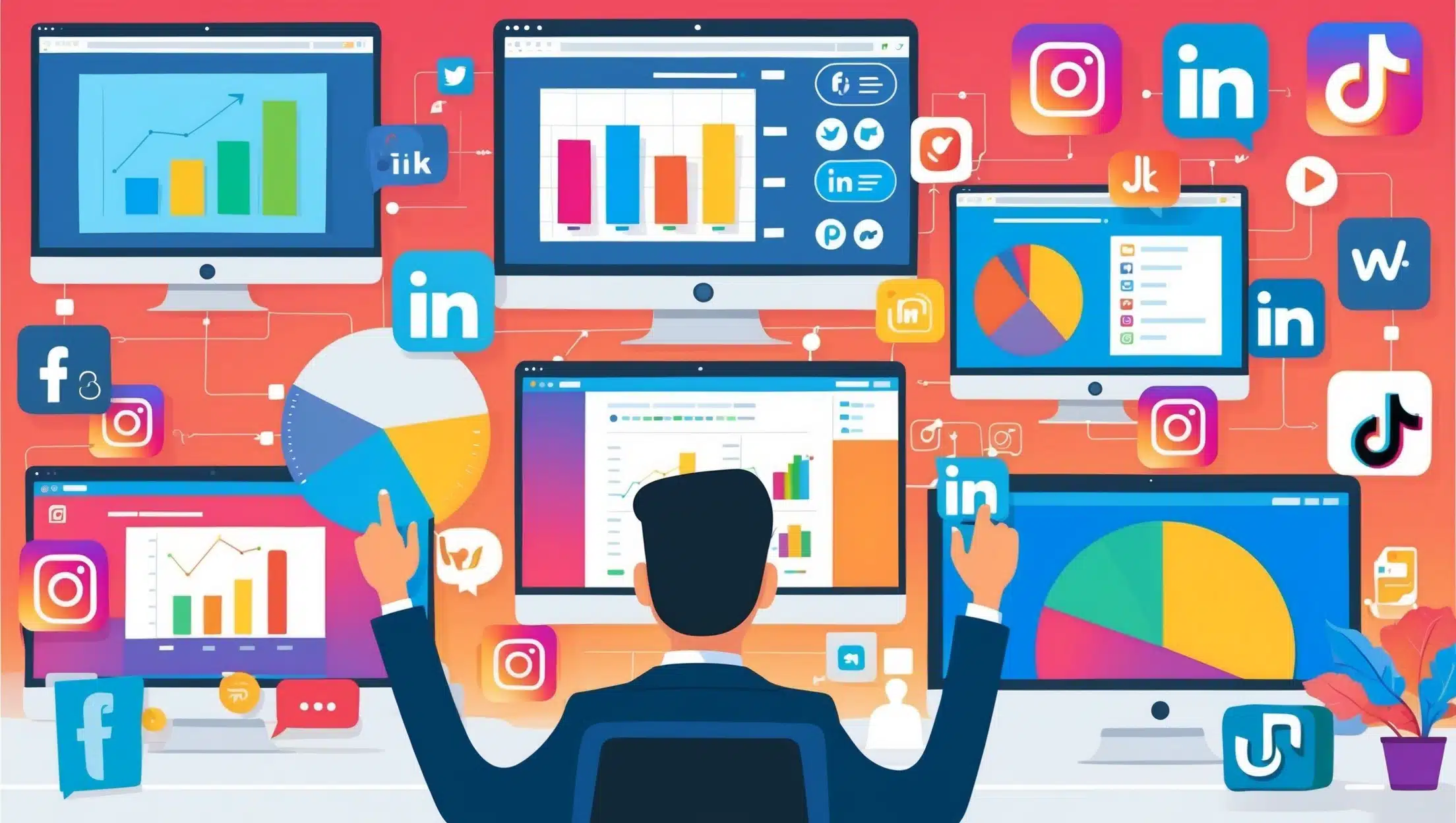 A person sits at a desk surrounded by multiple computer screens, each displaying social media business statistics alongside vibrant icons. The background is a bustling collage of social media logos and dynamic charts.