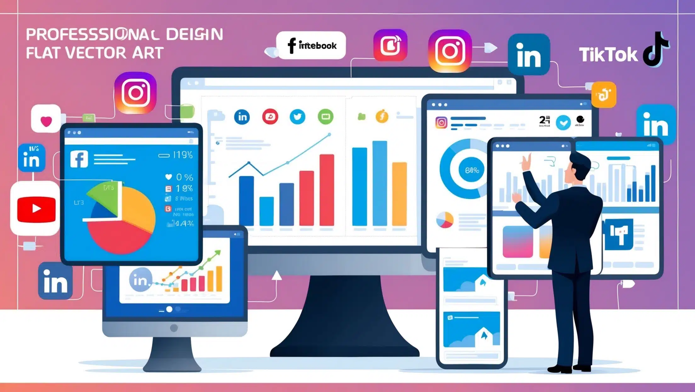 A man analyzes social media business statistics on multiple screens, displaying charts and icons for platforms like Facebook, Instagram, LinkedIn, and TikTok.