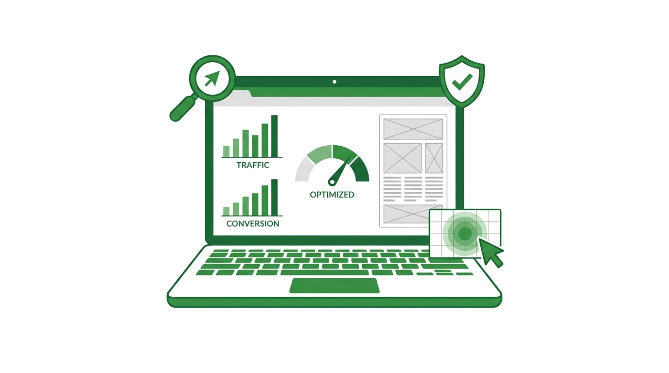 Illustration of a laptop screen displaying bar charts labelled Traffic and Conversion, a metre marked Optimised, wireframe layouts, and icons of a magnifying glass and shield—depicting website analysis as a cursor points to a target symbol.