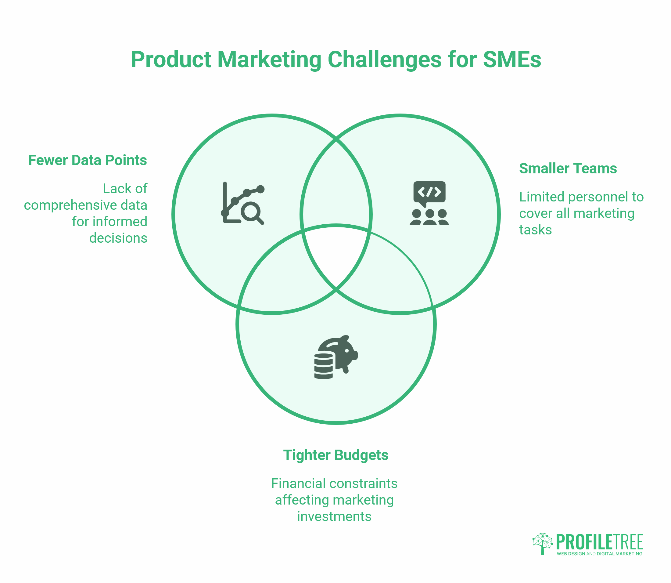 Venn diagram illustrating Product Marketing challenges for SMEs: fewer data points, smaller teams, and tighter budgets, each with brief descriptions. Highlights the need for tailored marketing strategies. ProfileTree logo at the bottom right.
