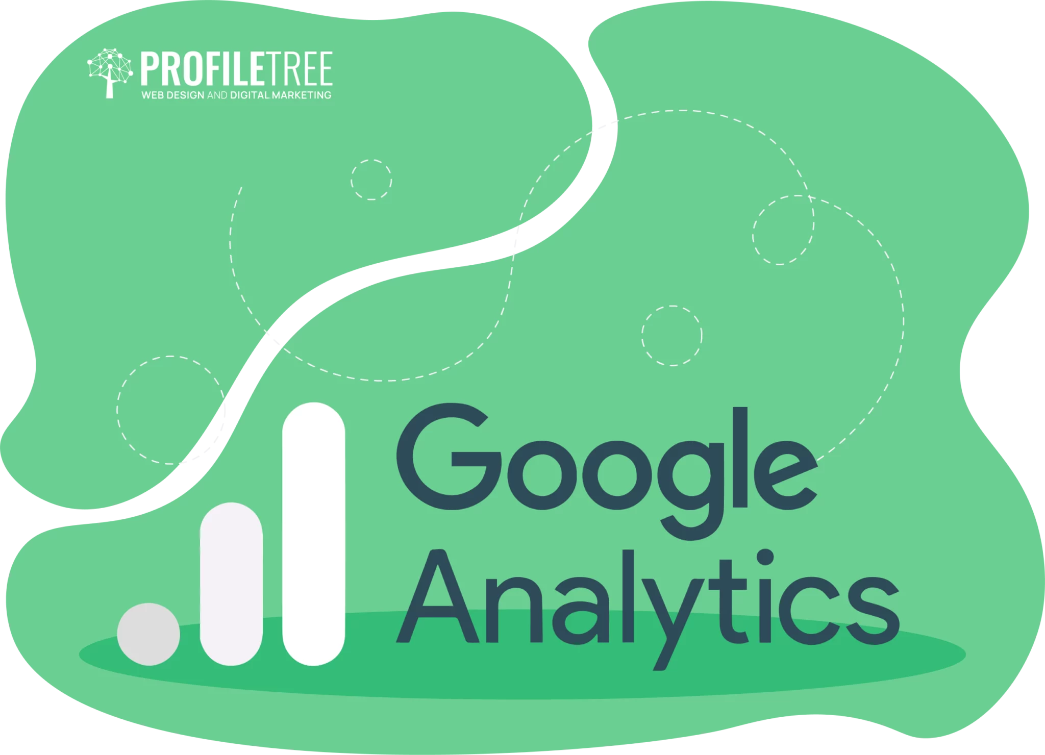 A green background with the Google Analytics logo and text. A white bar chart with three rising bars appears on the left, highlighting Digital Marketing Tools, while bold "Google Analytics" text is on the right. The ProfileTree logo is in the top left corner.