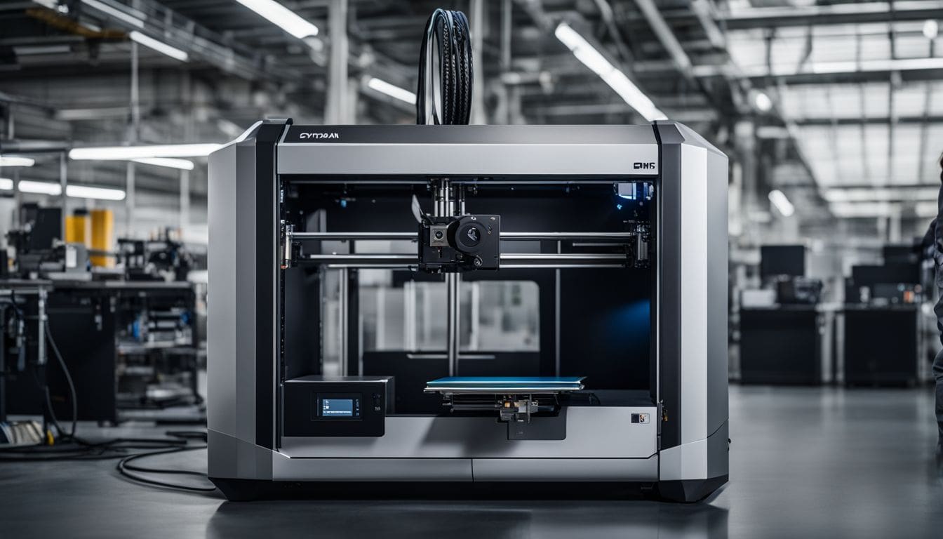 An industrial 3D printer in a modern manufacturing facility. A large, modern 3D printer sits in the center of a spacious, well-lit industrial facility, highlighting advanced 3D printing technology amid various equipment and workstations in the background.
