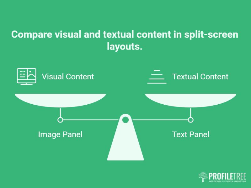 Vector diagram of a browser window split into two equal panels by a central divider, one showing text, one an image.