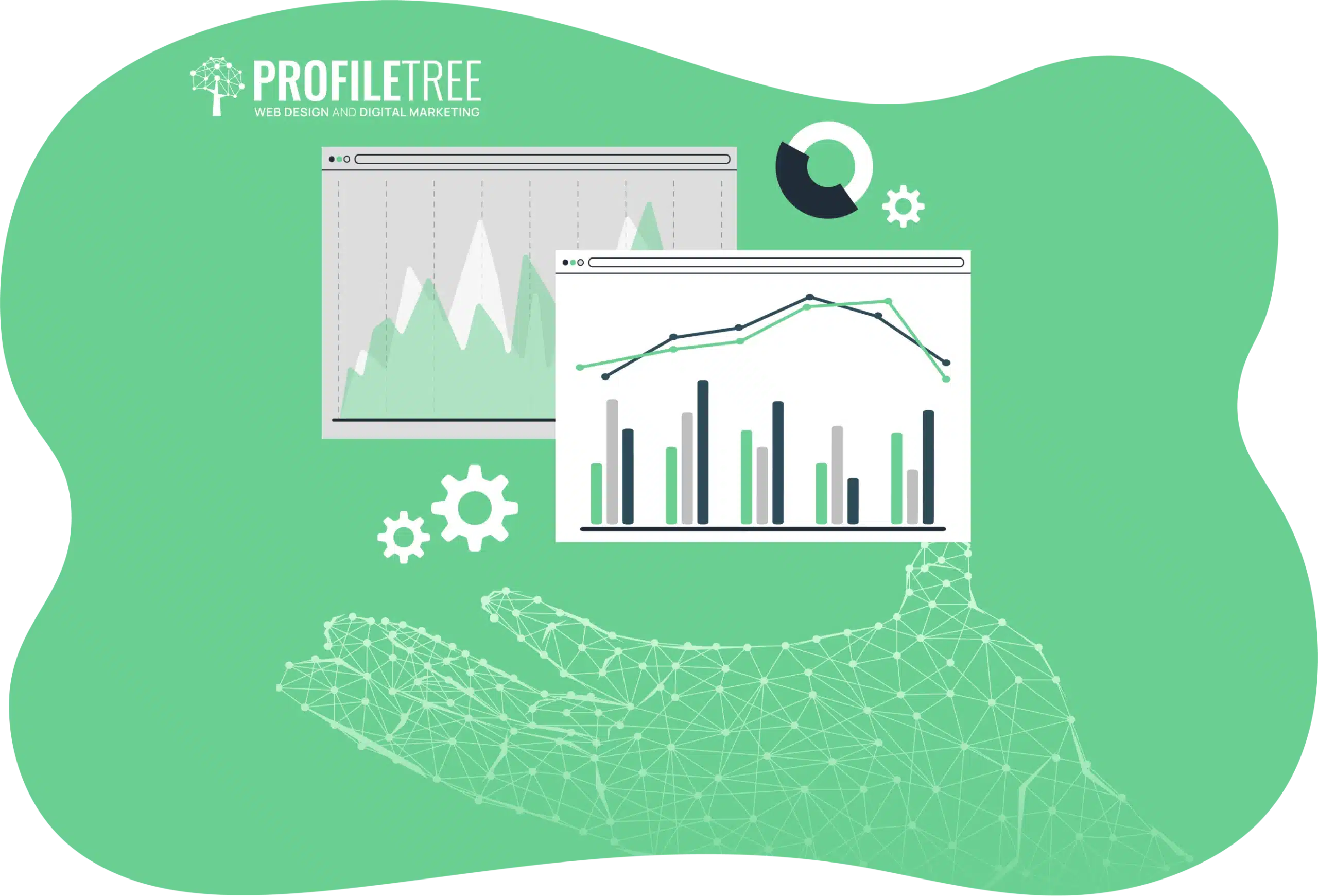 A digital illustration showcases a wireframe hand engaging with bar and line graphs against a green backdrop, featuring the text "Profile Tree Web Design and Digital Marketing," subtly hinting at the power of search engine algorithms in transforming online visibility.