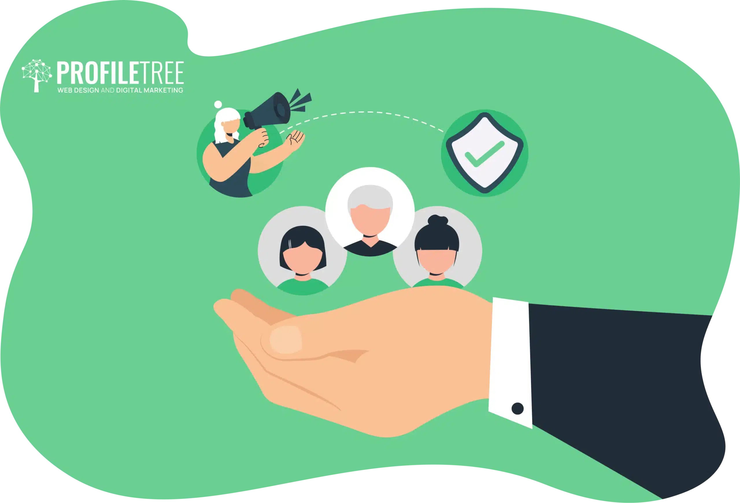 Illustration of a hand holding three user icons, a person with a megaphone, and a checkmark, symbolizing NGO-Business Partnerships. The background is green with the "PROFILETREE" logo.