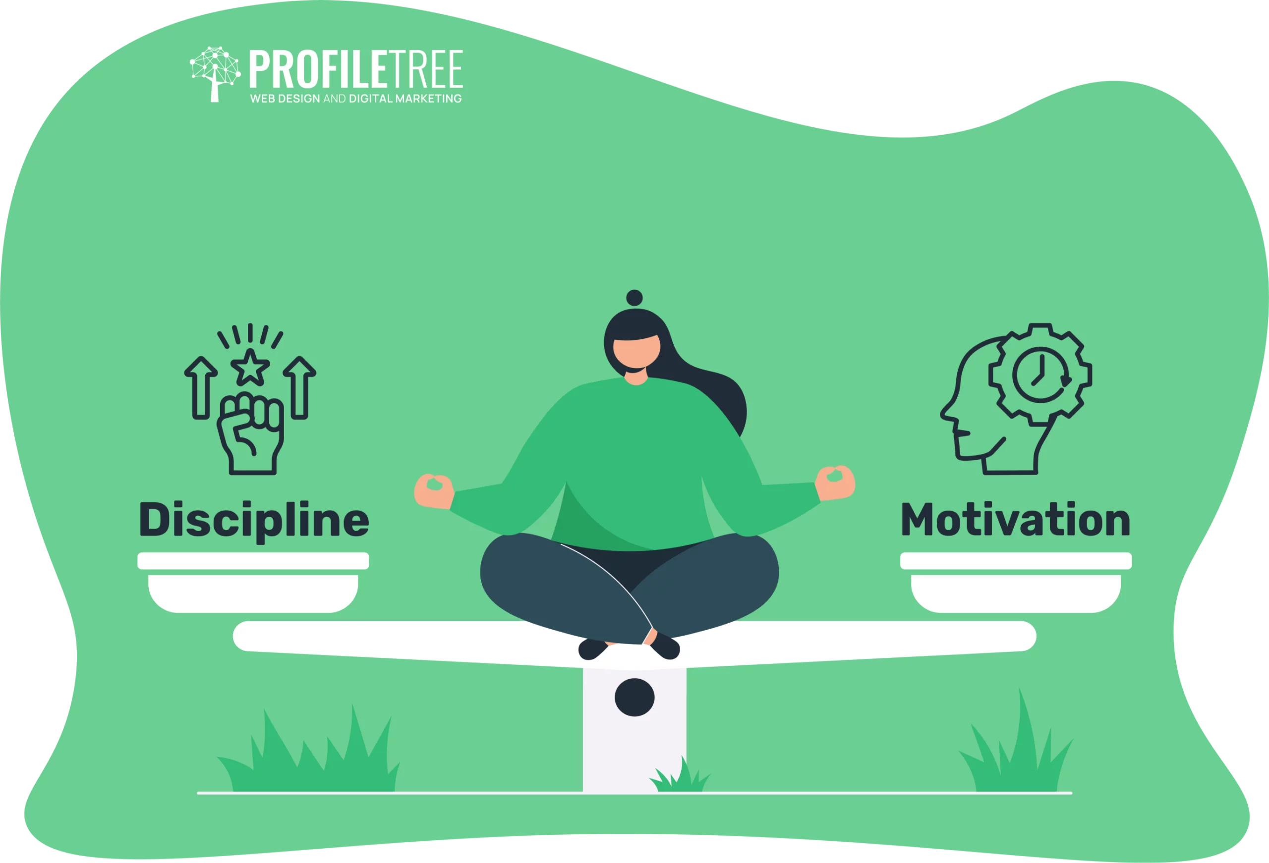 Illustration of a person meditating on a seesaw, gracefully balancing between motivation and discipline, with icons perfectly representing each concept.