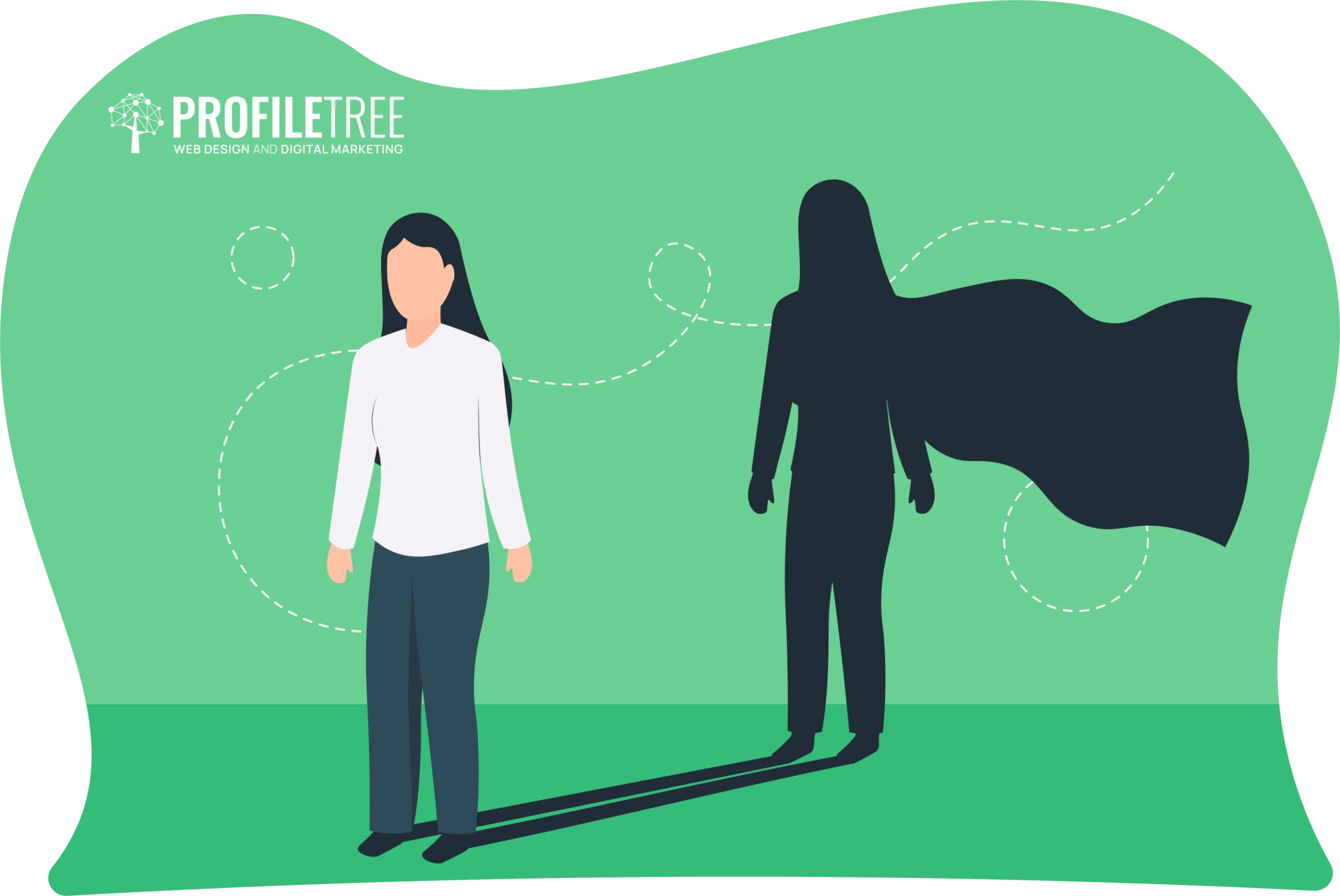Illustration of a person in business attire with a superhero silhouette as their shadow, set against a green background with the ProfileTree logo. This symbolizes breaking free from monotony and escaping the daily rut.