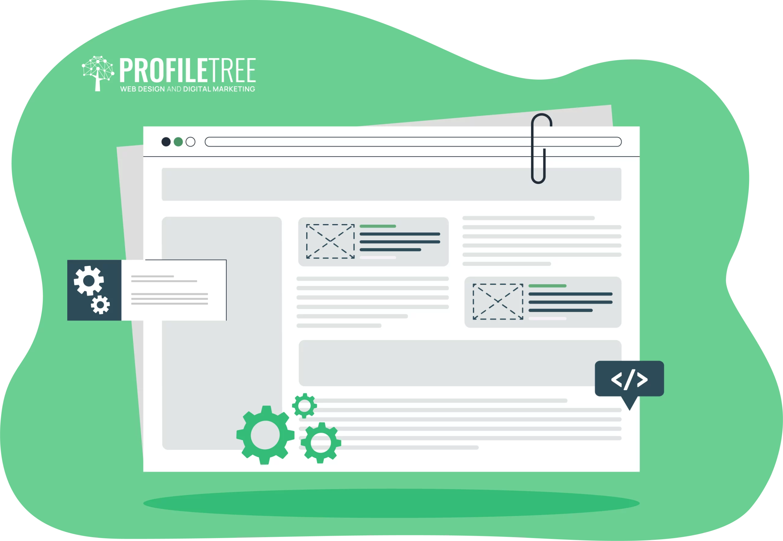 Illustration of a web page design with green accents, featuring gears, interactive elements, coding symbol, and a paperclip. Labeled "ProfileTree Web Design and Digital Marketing.