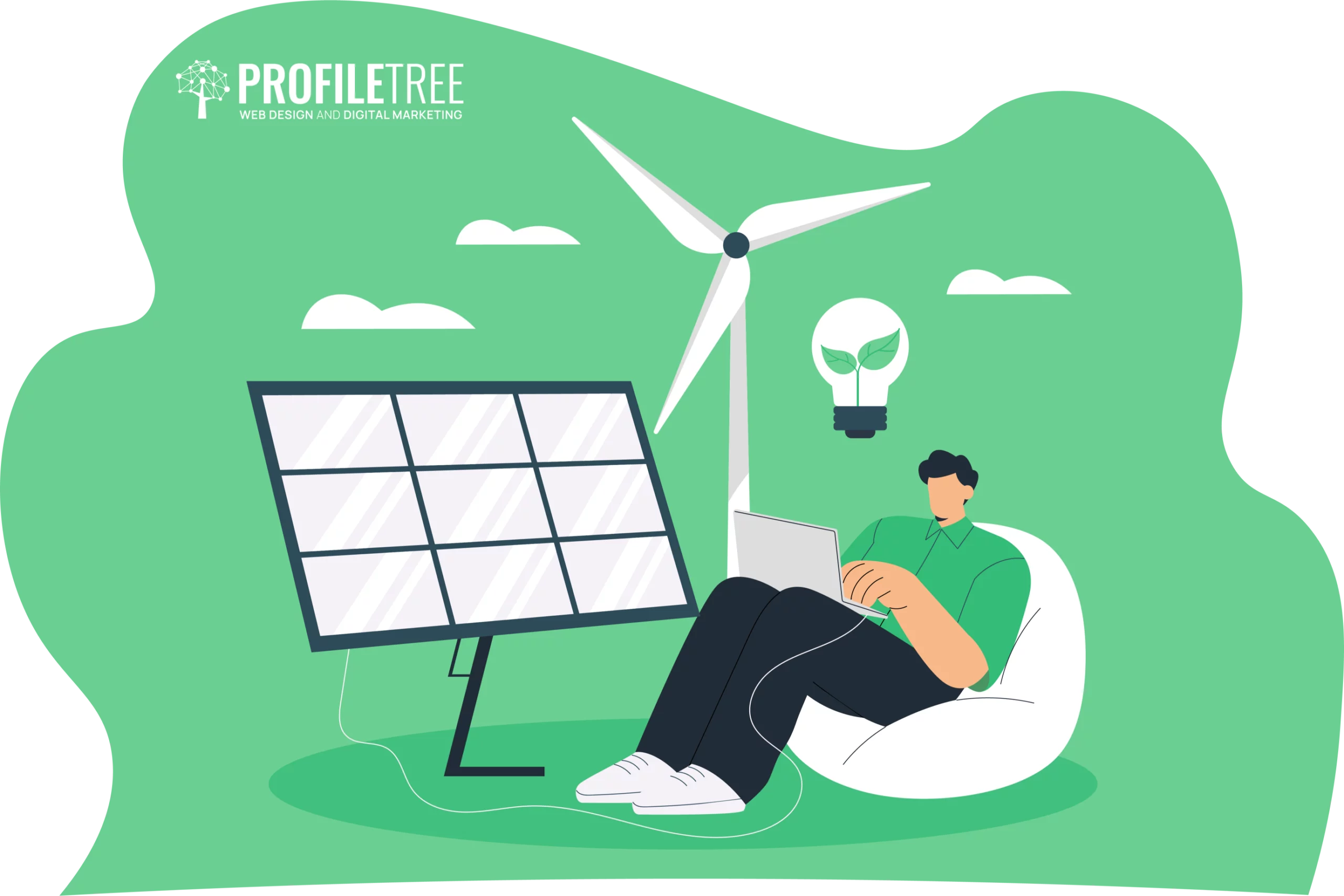 A person sits comfortably on a bean bag with a laptop, surrounded by symbols of Renewable Energy Adoption—a solar panel, wind turbine, and lightbulb. The green-themed setting highlights SDG 7 initiatives. A "ProfileTree" logo graces the top left, advocating for sustainable living.