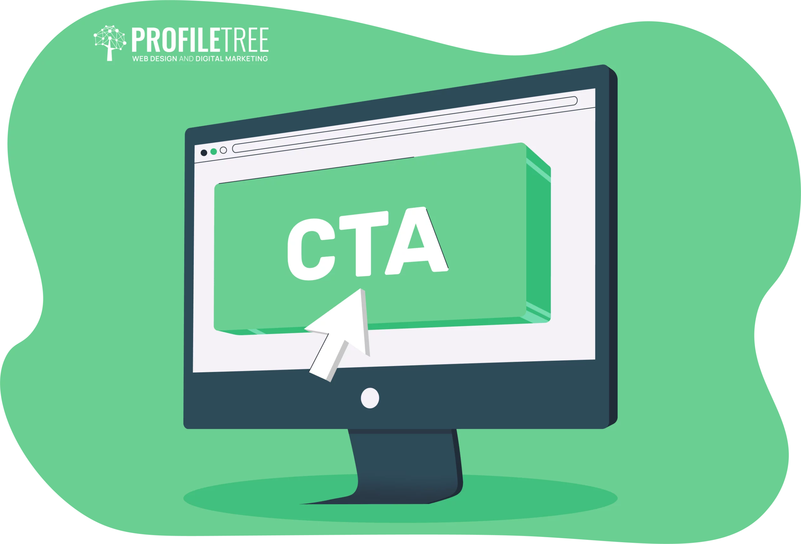 Illustration of a computer monitor showcasing a prominent green CTA button with a cursor pointing at it, set against a captivating green abstract background.