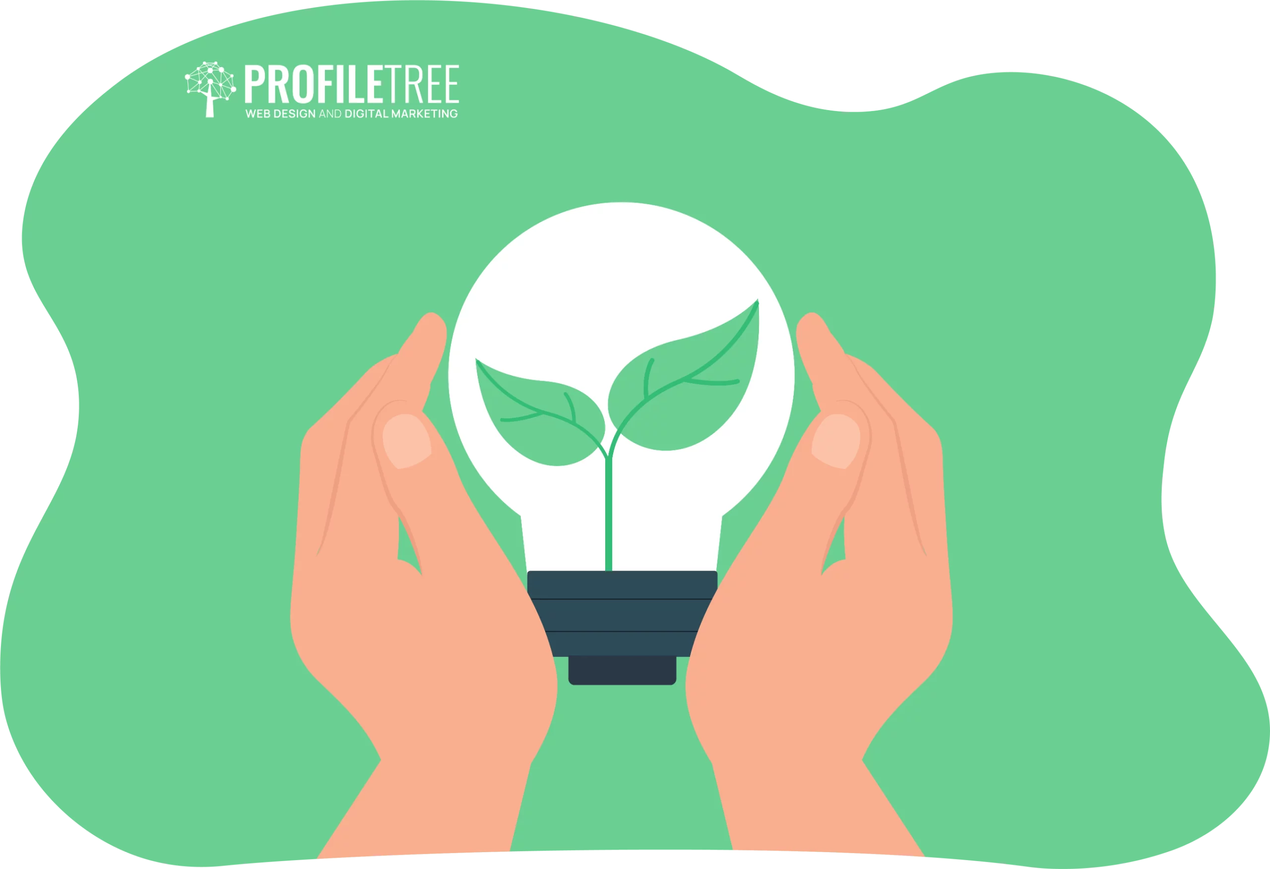 Hands holding a light bulb with green leaves inside on a green background, symbolizing innovation and sustainability. The "ProfileTree" logo sits in the corner, reflecting awareness of local contexts and the pursuit of SDGs.