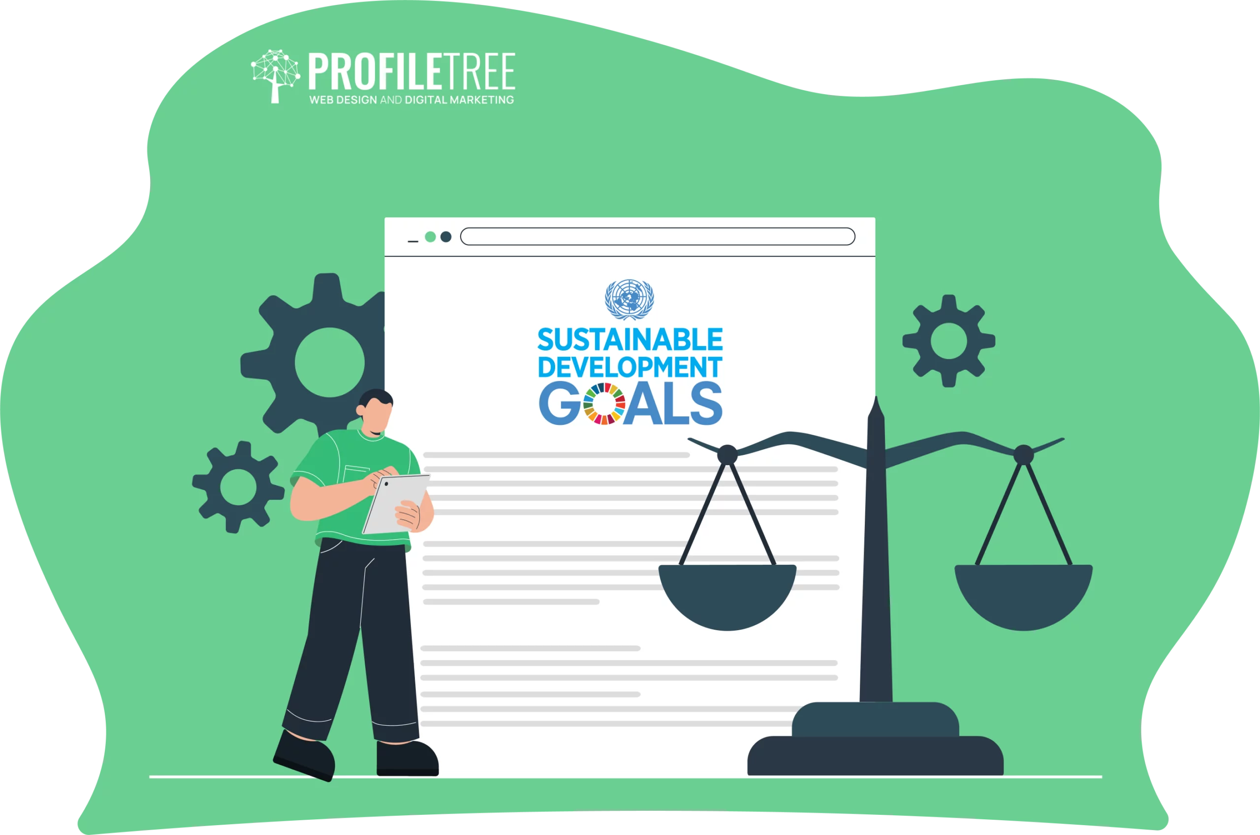 Illustration of a person standing next to a document labeled "Sustainable Development Goals," with scales and gears representing regulatory frameworks in the background.
