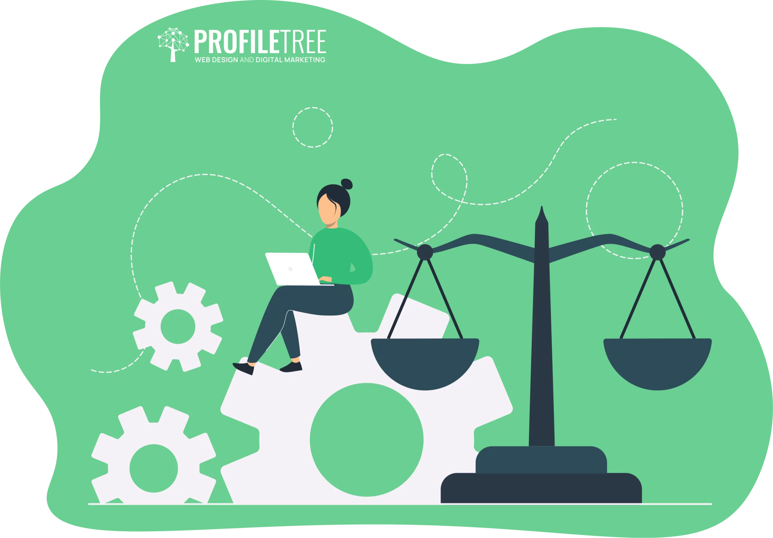 Illustration of a person sitting on gears with a laptop, next to a balance scale, symbolizing how government policies impact ProfileTree's approach to web design and digital marketing. Set against a green background, it highlights the integration of SDGs progress for businesses in every project.