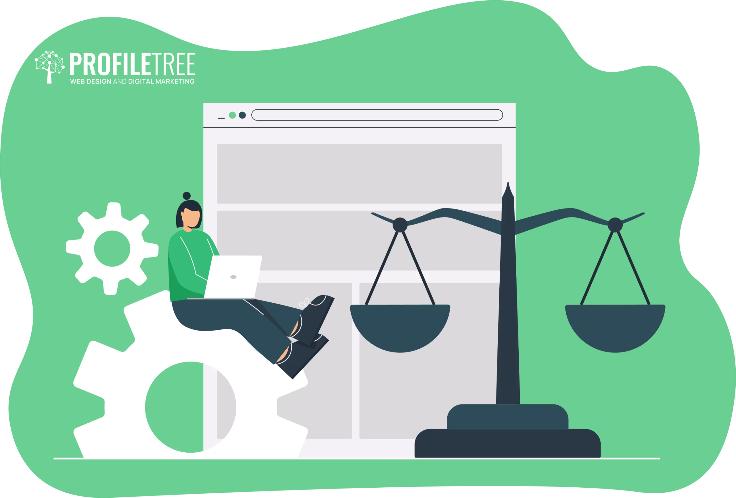 An illustration depicts a person with a laptop sitting on a gear next to a scale, symbolizing SDG-aligned KPIs. A web browser window looms in the background, showcasing branding that reads "ProfileTree Web Design and Digital Marketing.