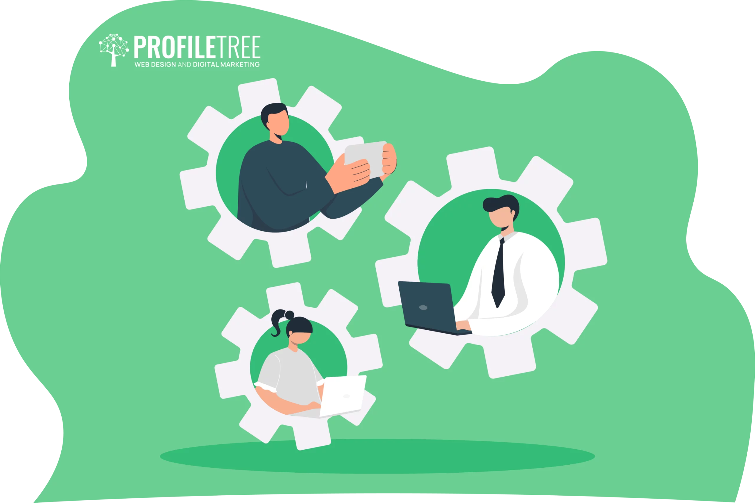 Illustrated people working on laptops inside large gear shapes, set against a green backdrop, symbolize the harmonious integration of technology and Renewable Energy Adoption.