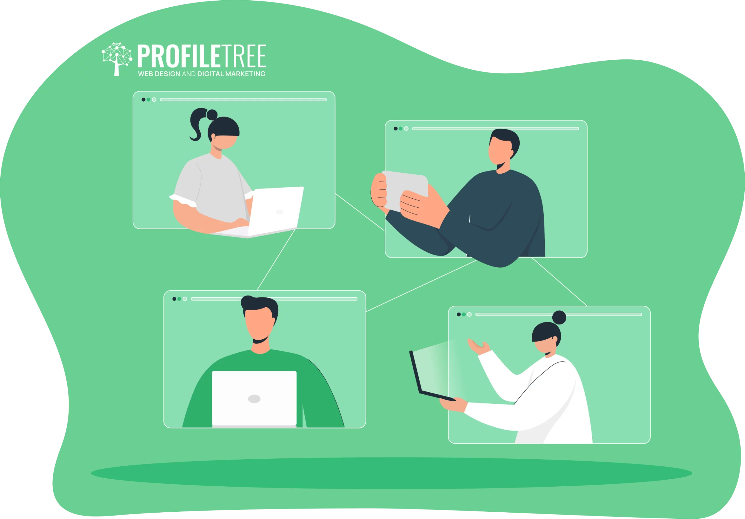 Illustration of four people in separate web browser windows, each using laptops or tablets, navigating change management strategies. The text "PROFILE TREE WEB DESIGN AND DIGITAL MARKETING" is prominently displayed at the top left.