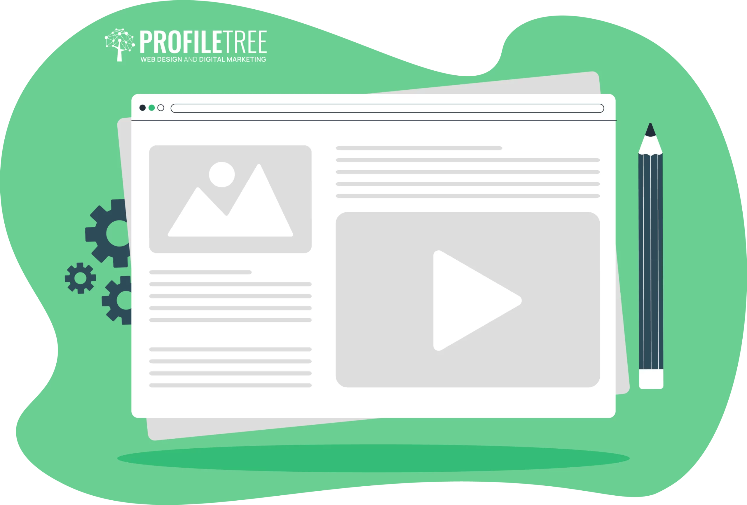 Illustration of a webpage with a play button icon, image placeholder, text lines, gears, and a pencil on a green background, ideal for visualizing an SEO strategy.