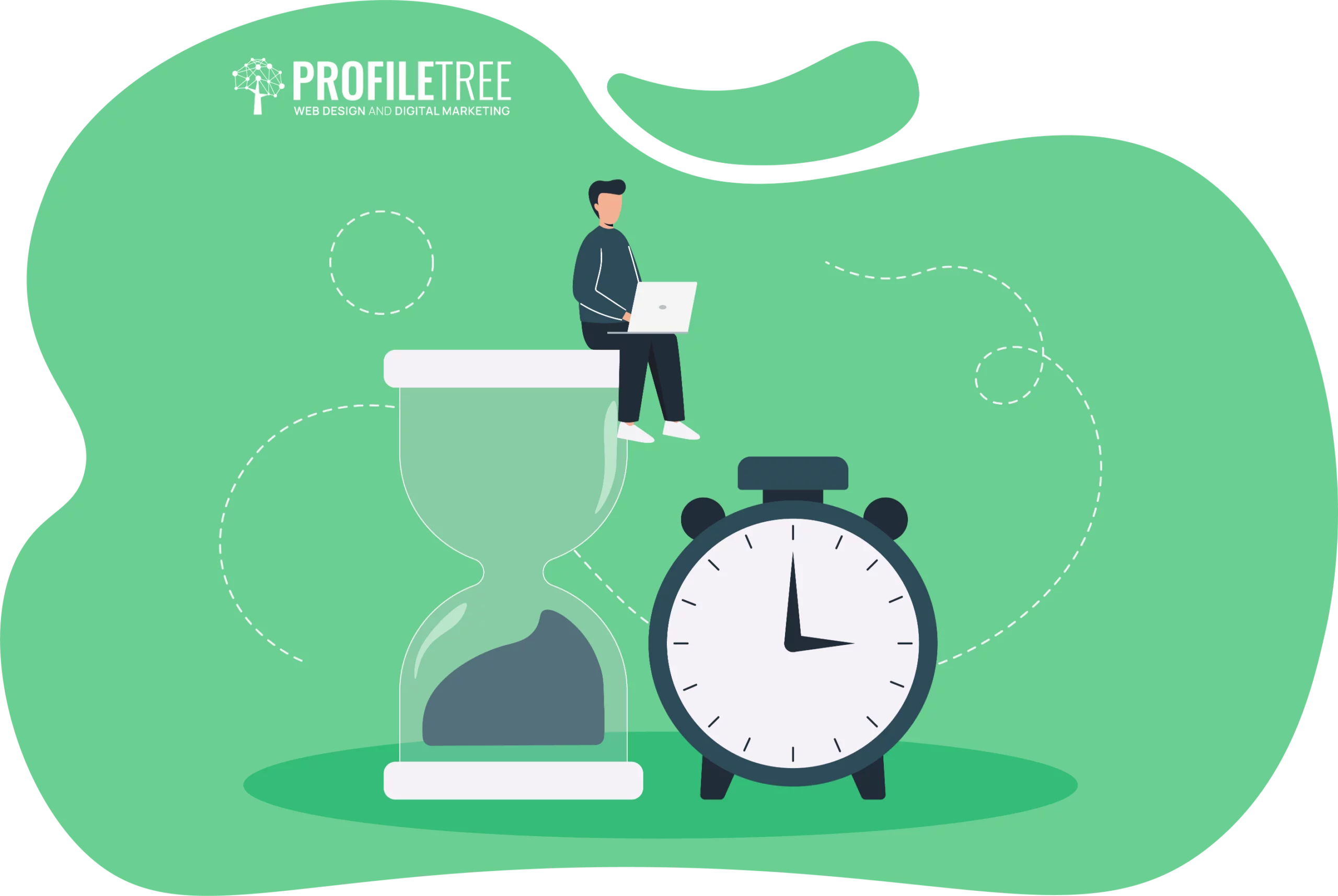 Illustration of a person with a laptop sitting on a large hourglass, symbolizing effective time management, next to a clock on a green background with white dotted lines.