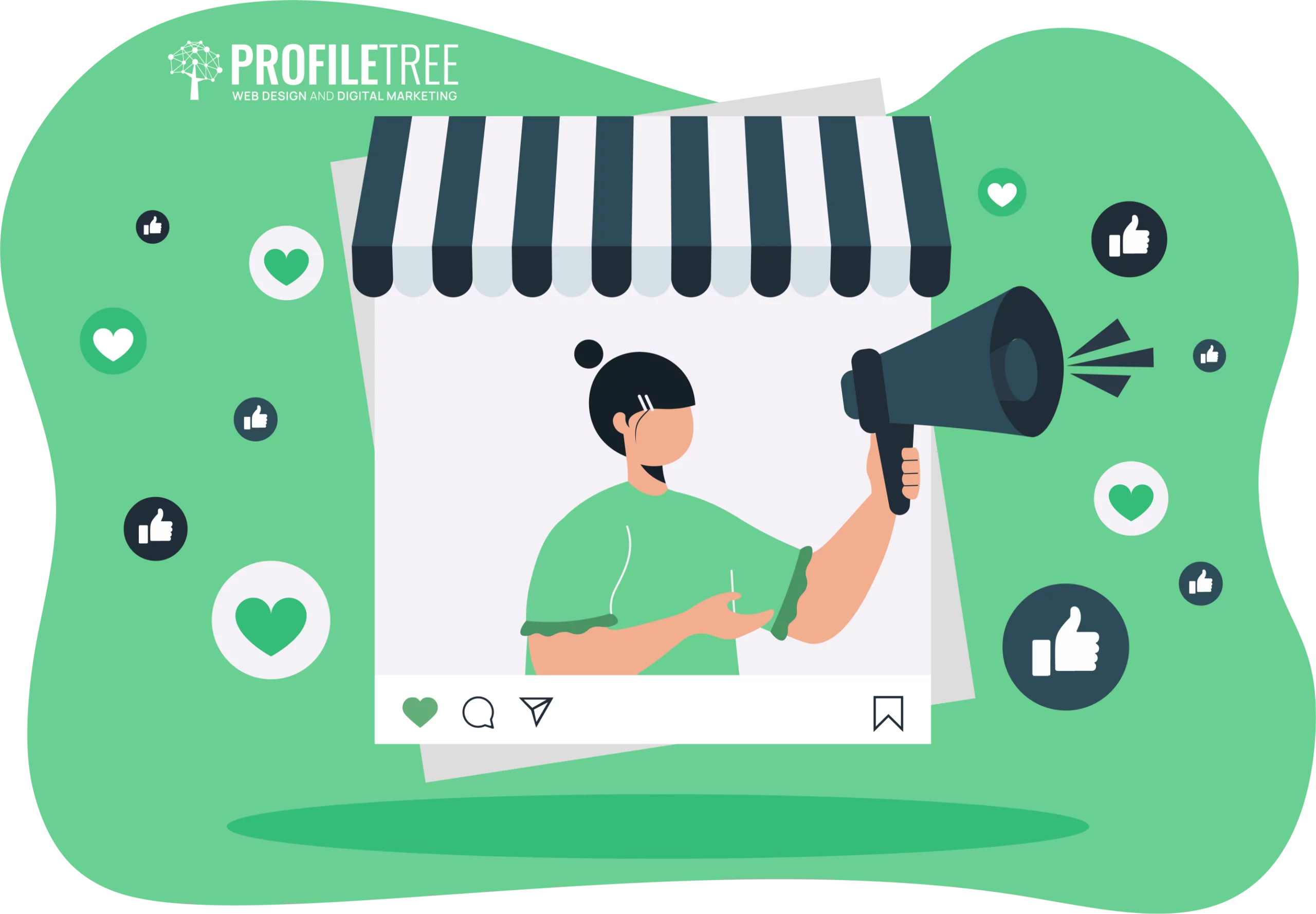 Illustration of a person holding a megaphone, standing in a stylized social media post with icons of hearts and thumbs up surrounding them, symbolizing the dynamic world of digital marketing.