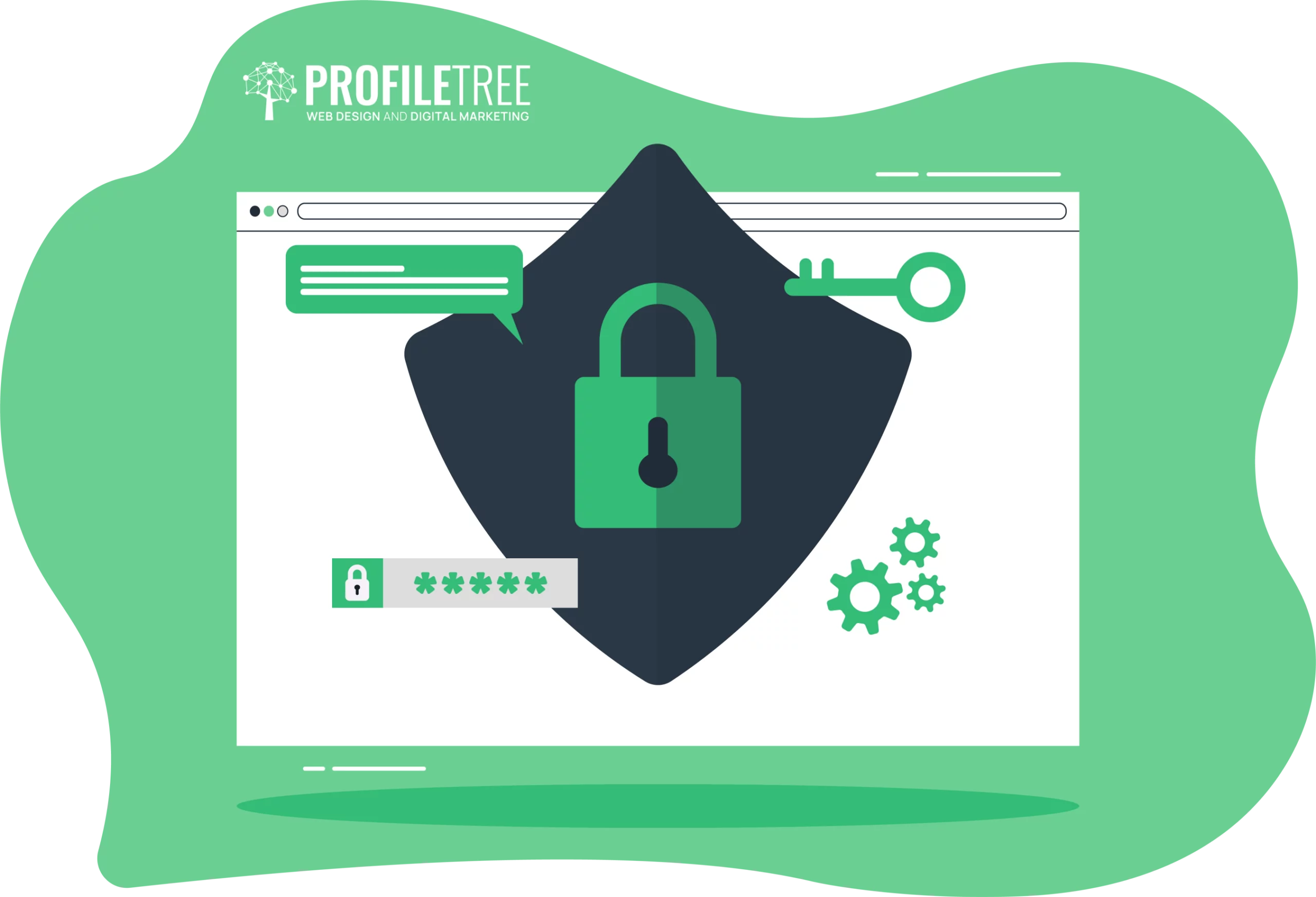 Illustration of a computer screen with padlock, key, and gear icons, symbolizing cybersecurity and network security. The green background features the "ProfileTree" logo at the top.