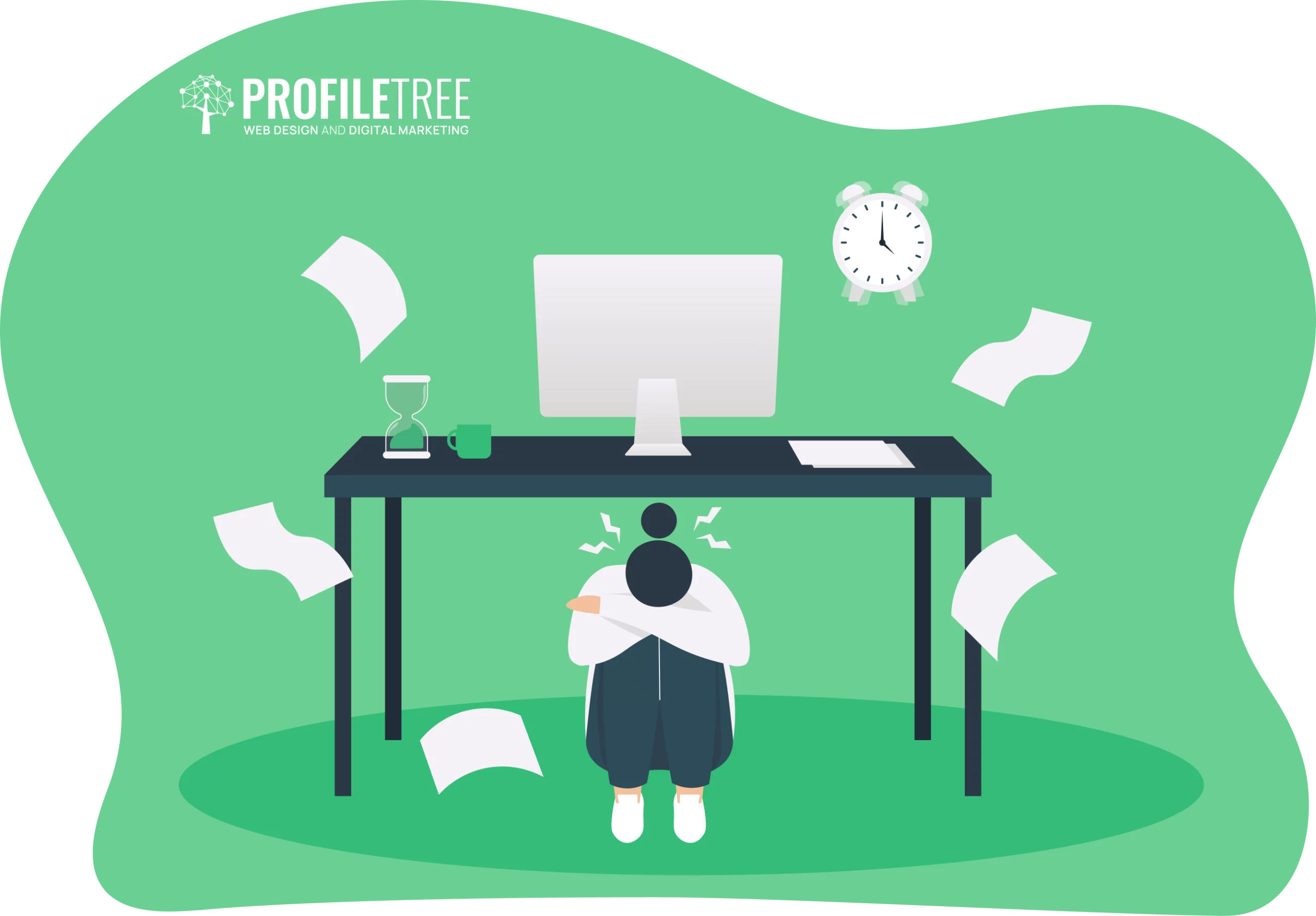 Illustration of a person sitting under a desk with papers, clock, and hourglass surrounding them, portraying stress and resistance to Change Management. A computer and note sit atop the desk. "Profile Tree" logo is positioned in the top left corner.
