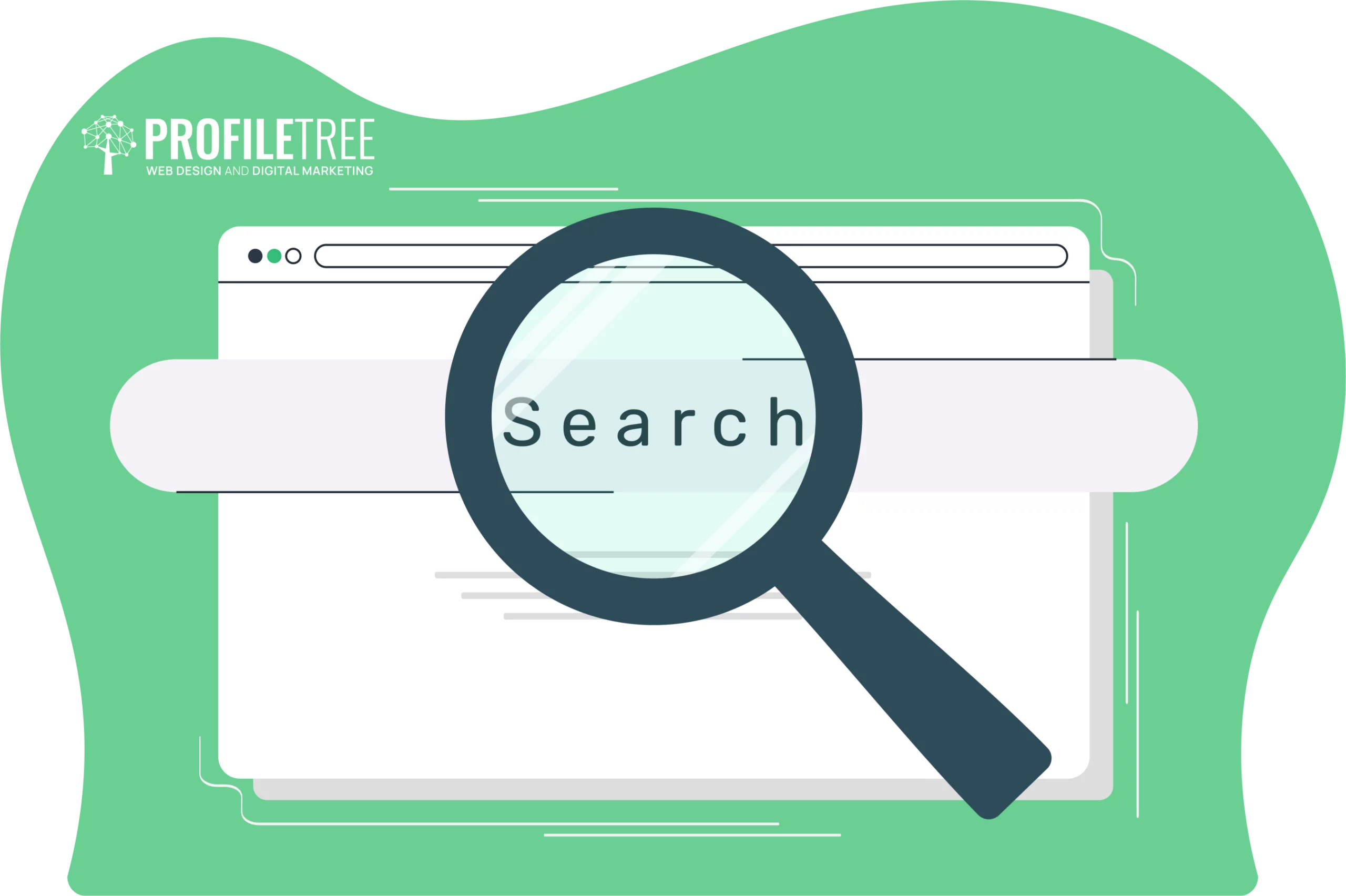 A magnifying glass hovers over a web browser window displaying the word "Search" on a green background, hinting at SEO prowess. The "ProfileTree" logo is proudly displayed in the top left corner.