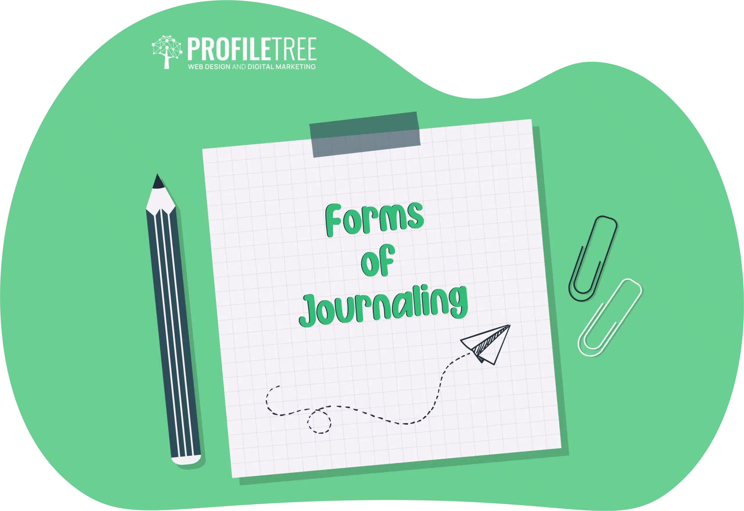 A green background features grid paper displaying "Forms of Journaling" in green text. A pencil, two paper clips, and a paper plane motif highlight the benefits of journaling.