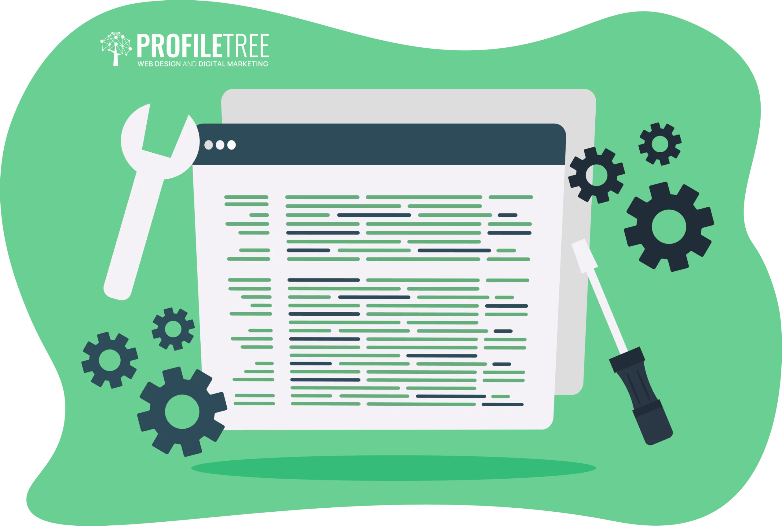 A vibrant illustration of a web page adorned with a wrench and screwdriver, encircled by gears on a green background, captures the essence of web development. Perfect for representing the intricate work that web developers do in coding and building digital platforms.