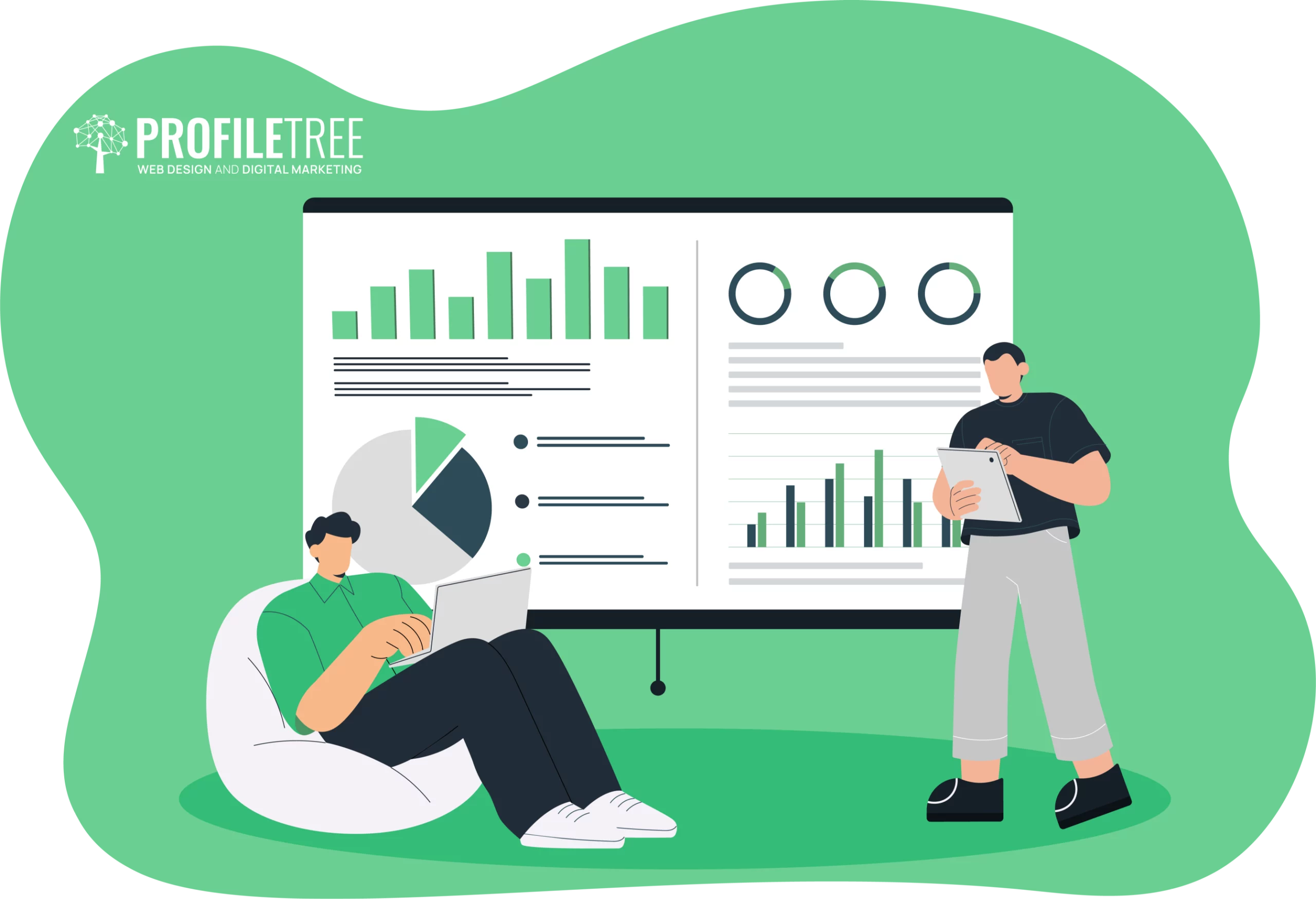 A Gen Z employee stands holding a clipboard, while another sits with a laptop, both intently reviewing charts on the presentation board.
