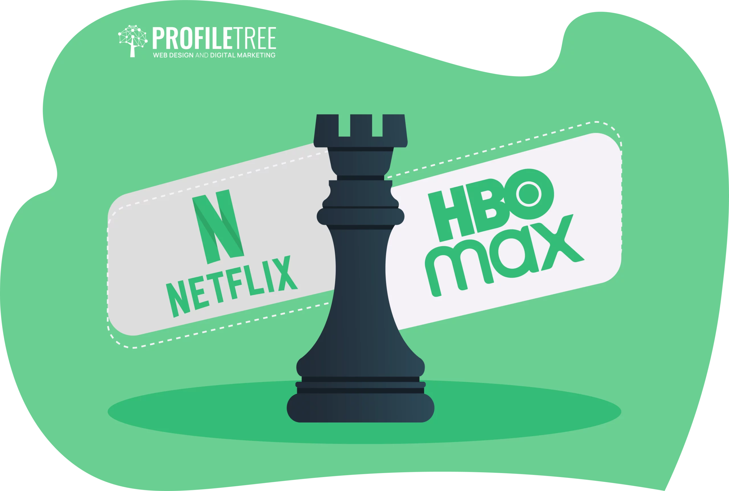 Chess rook piece with Netflix and HBO Max labels on a green background, symbolizing a bold marketing strategy in the streaming wars.