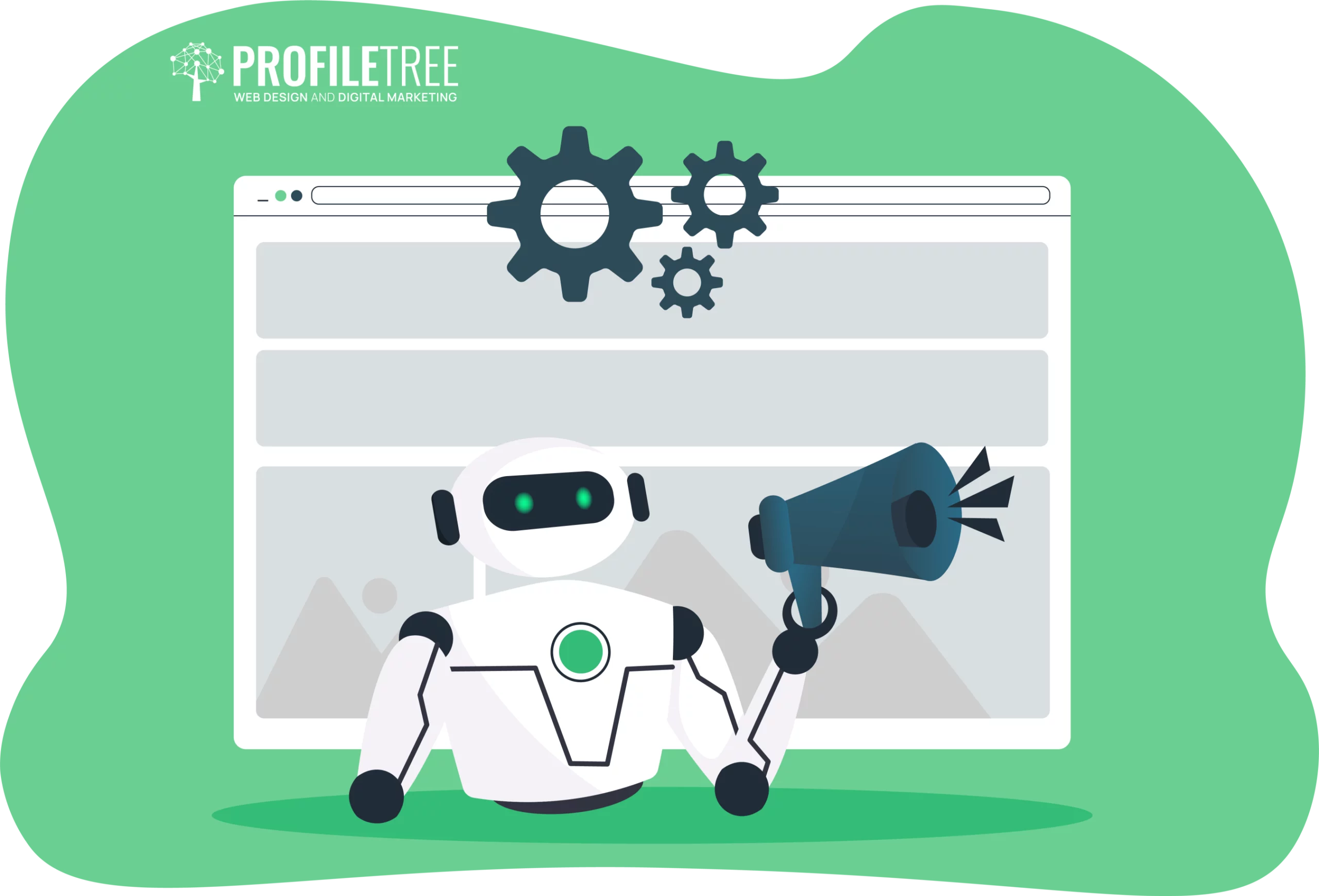 A robot holding a megaphone stands in front of a web browser with gear icons, highlighting innovative strategies in AI in programmatic on a green background.